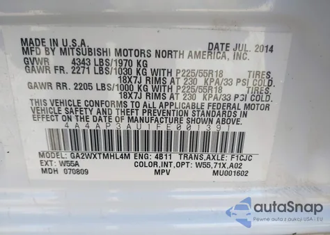 2015 Mitsubishi Outlander Sport Es from USA, damaged, VIN 4A4AP3AU1FE001391